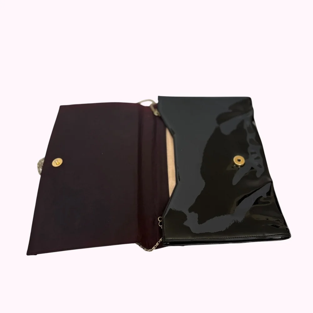 Black Patent Vinyl Envelope Clutch Gold Chain Vintage